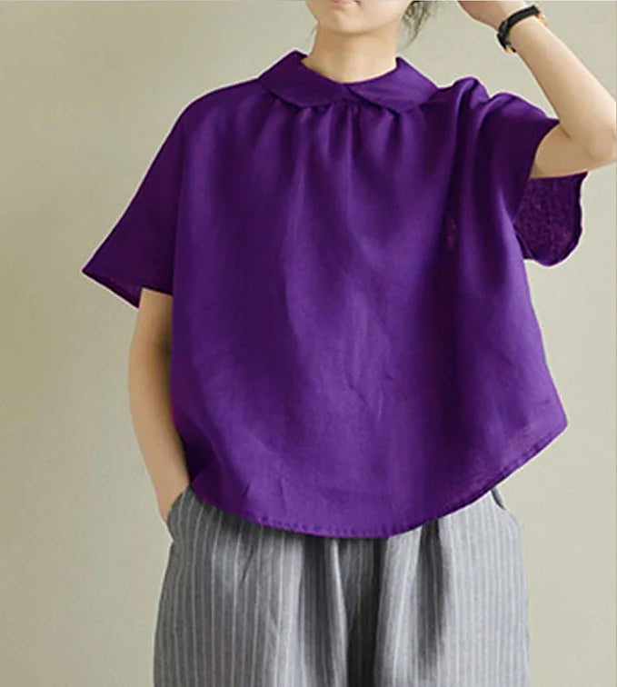 Simple purple Peter Pan Collar Solid Linen Shirt Summer
