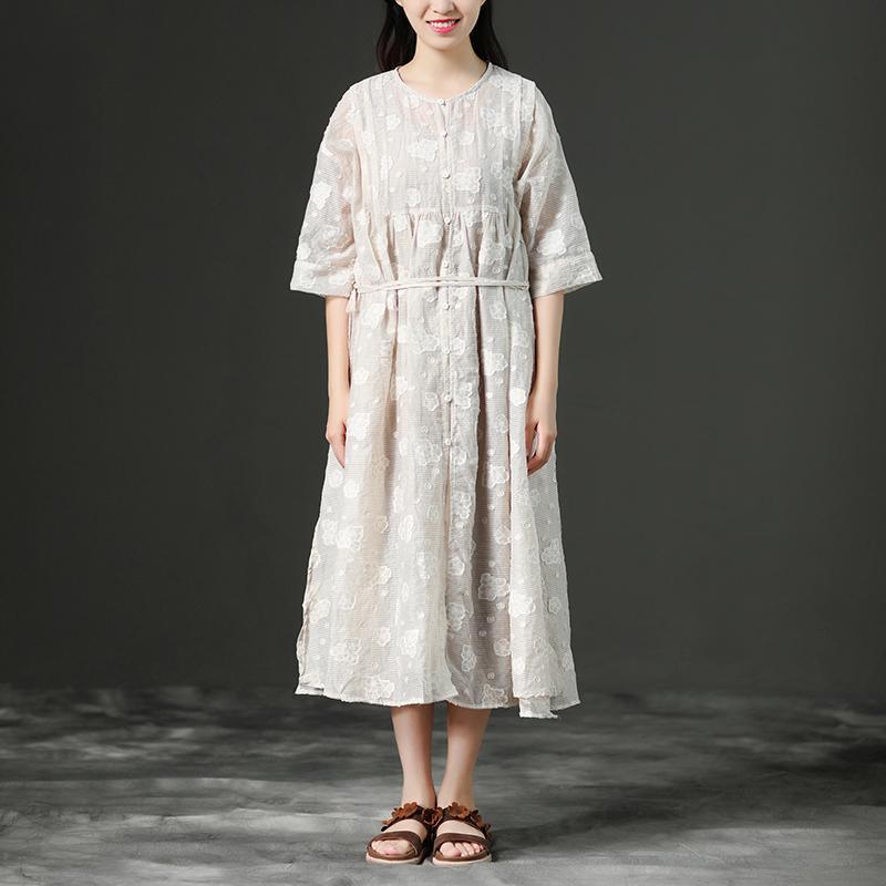 Loose Summer Lacing Beige Long Linen Women Dress - Omychic