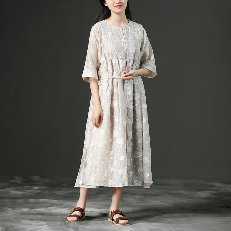Loose Summer Lacing Beige Long Linen Women Dress - Omychic