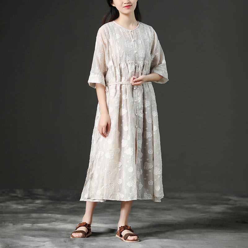 Loose Summer Lacing Beige Long Linen Women Dress - Omychic