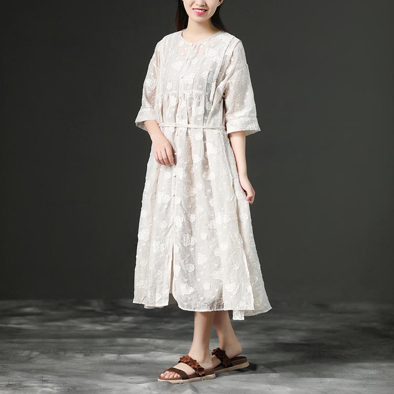 Loose Summer Lacing Beige Long Linen Women Dress - Omychic