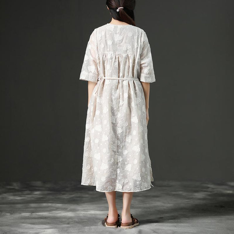 Loose Summer Lacing Beige Long Linen Women Dress - Omychic