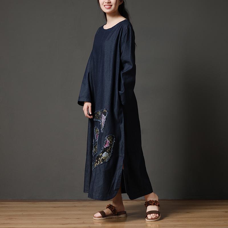 Cotton Navy Blue Long Sleeve Round Neck Embroidery Dress - Omychic