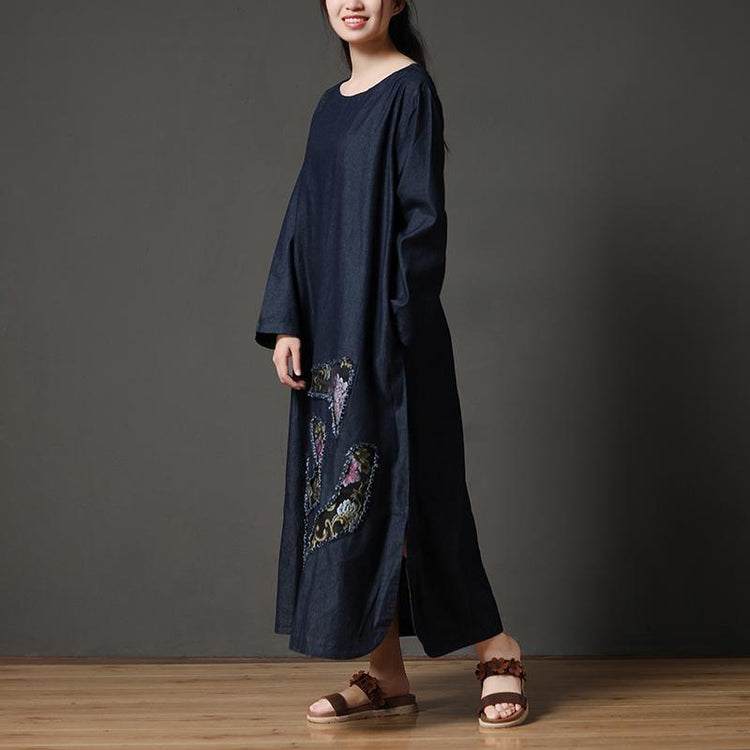 Cotton Navy Blue Long Sleeve Round Neck Embroidery Dress - Omychic