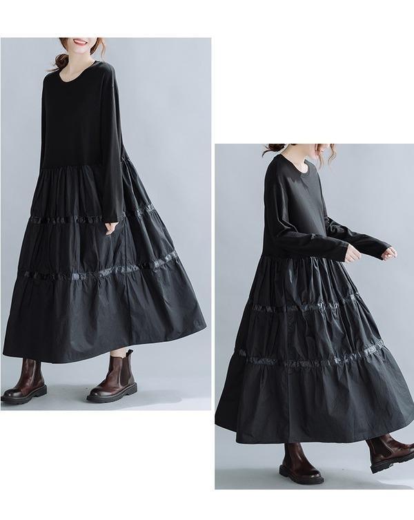 omychic plus size black cotton vintage for women casual loose spring autumn dress - Omychic
