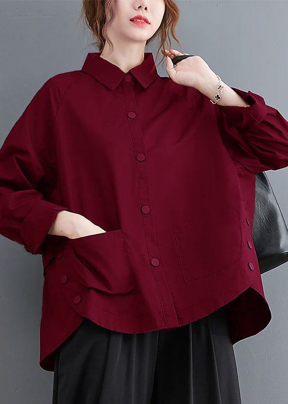 Wine red Patchwork Cotton Shirt Top Oversized Pockets Fall