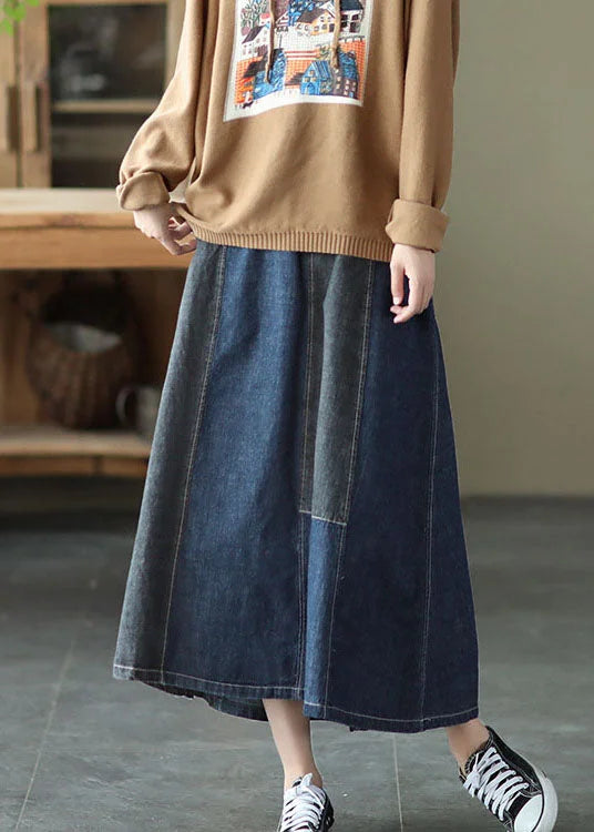 Dark Blue Denim Skirt Elastic Waist Button