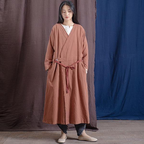 Vintage Trench Cotton Linen Coat Women 2020 Spring New Long Sleeve V-Neck Coat - Omychic