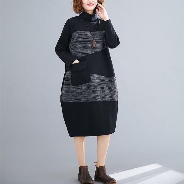 Autumn Winter Women Casual Dresses  Patchwork Color Loose Female Knee-length Dress - Omychic
