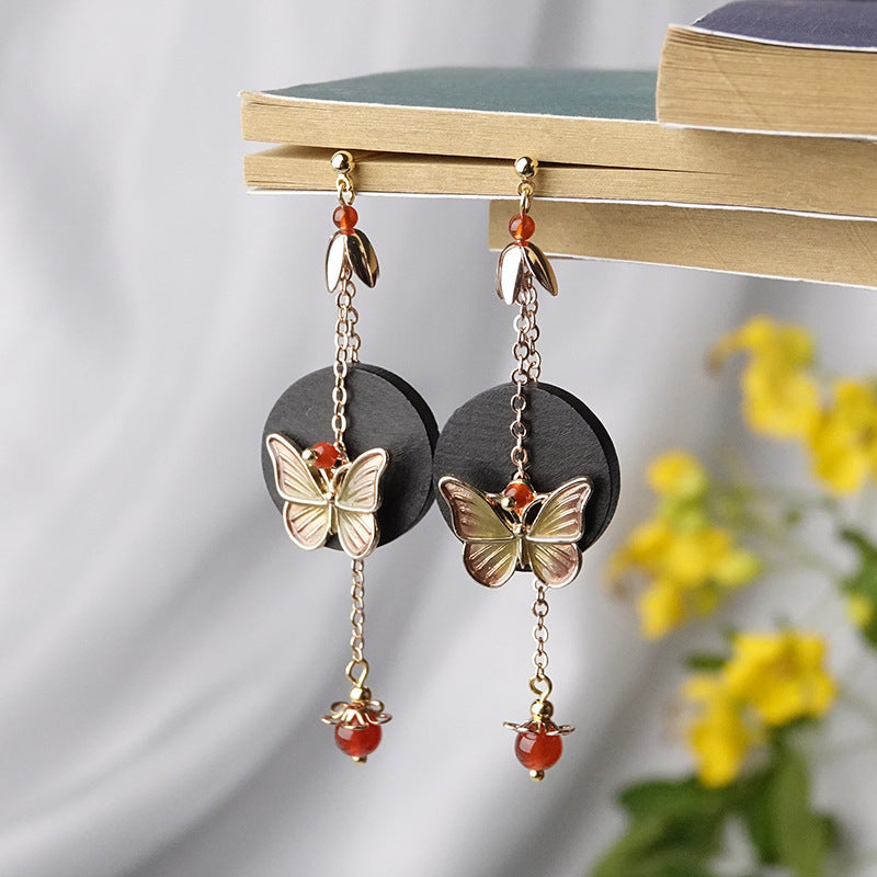 Simple Fashion Red Agate Earrings Retro Wooden Earrings