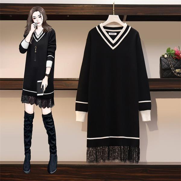 Patchwork Lace Sweater Dresses Women's Long Sleeve V Neck Mini Straight Ladies High Street  Knitting Dresses - Omychic