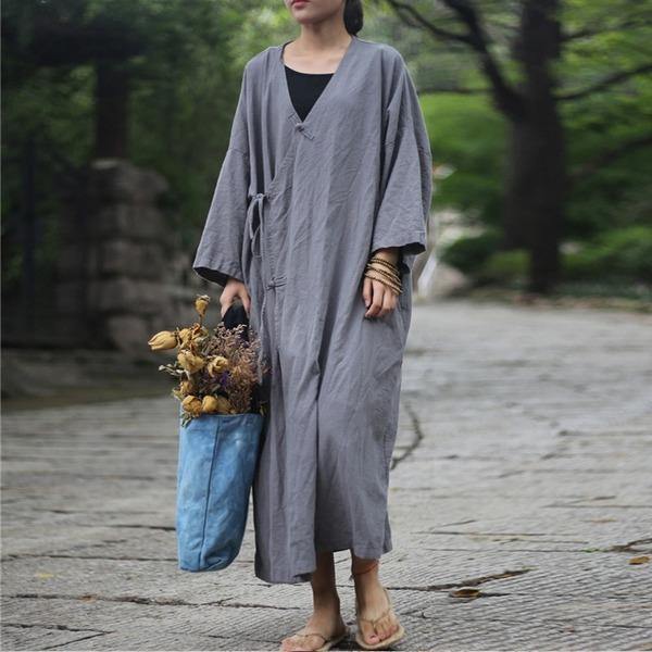 Vintage Linen 2020 Fall New Loose Casual V-Neck Button Chinese Style Trench Female Coat - Omychic