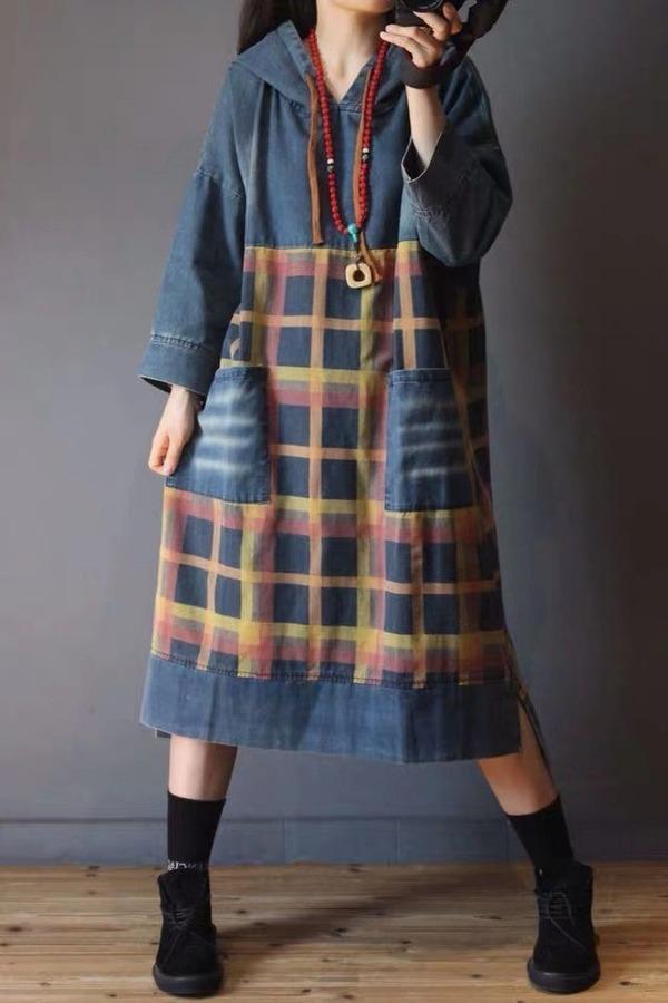 Vintage Spliced Hooded Dresses Female 2020 Spring Irregular Length Dress - Omychic