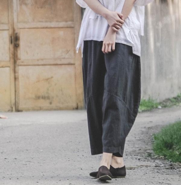 Women Cotton Linen Elastic Waist Vintage Pants Ladies Solid Color Retro Loose Trousers - Omychic