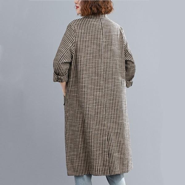 plus size cotton linen vintage stripe casual loose long autumn spring trench coat - Omychic