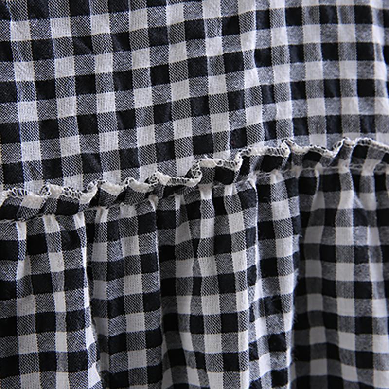 Cotton Linen Short Sleeve Plaid Dress - Omychic