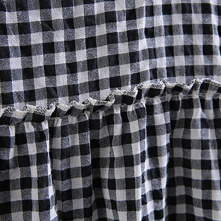 Cotton Linen Short Sleeve Plaid Dress - Omychic