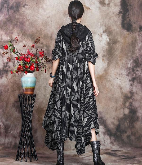 Patchwork Hooded Plus Size Dress Ladies Irregular Length Dress - Omychic