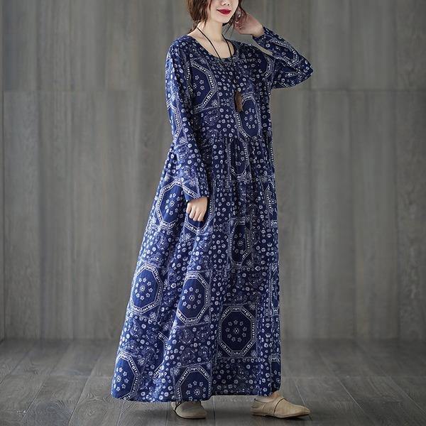 omychic cotton linen plus size vintage floral for women casual loose long autumn dress - Omychic