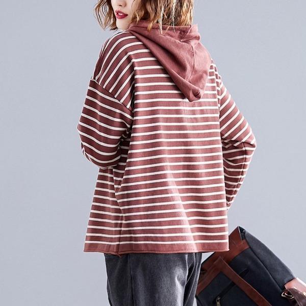 2020 Simple Style Striped Loose Comfortable Female Long Sleeve Hooded Sweatshirt - Omychic