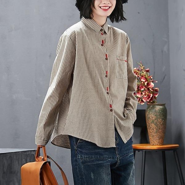 cotton linen autumn vintage stripe korean style plus size Casual loose shirt women blouse 2020 clothes ladies tops streetwear - Omychic