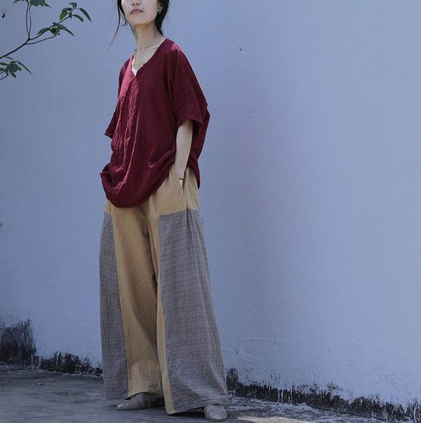 Loose Patchwork Cotton Linen Pants Ladies Vintage Elastic Waist Retro Wide Leg Pants - Omychic