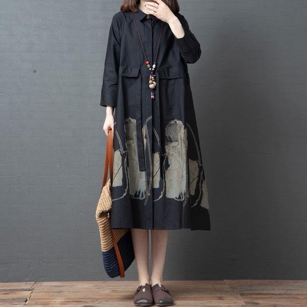 New Arrival 2021 Autumn Arts Style Vintage Print Turn-down Collar Loose Female Cotton Shirt Dress - Omychic