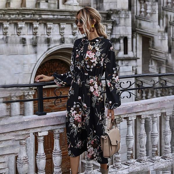 Puff Sleeve Spring Winter Floral Dress Women Casual Bow Stand Collar High Wasit Long Sleeve Dress - Omychic