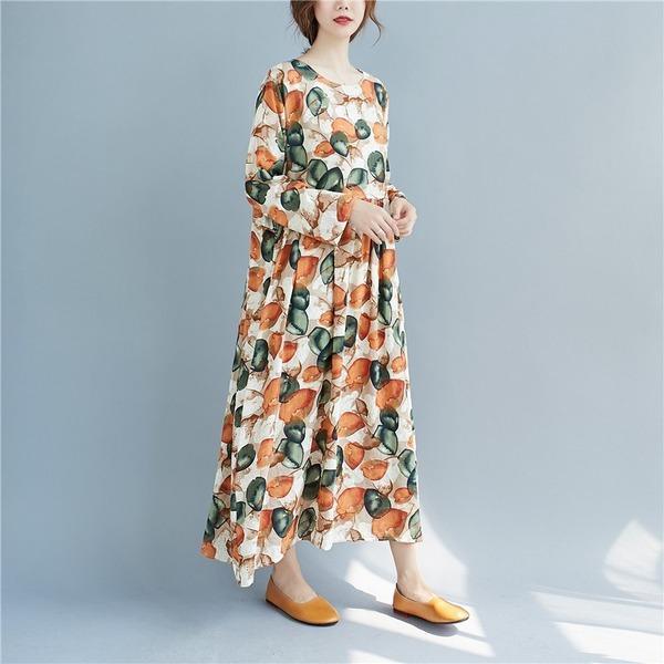 long sleeve cotton linen plus size vintage floral for women casual loose summer autumn dress - Omychic