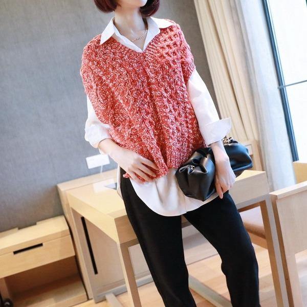 Patchwork Casual Side Split Sweater Women Tide Fashion New Style V Neck Collar Sleeveless Match All Elegant Top - Omychic