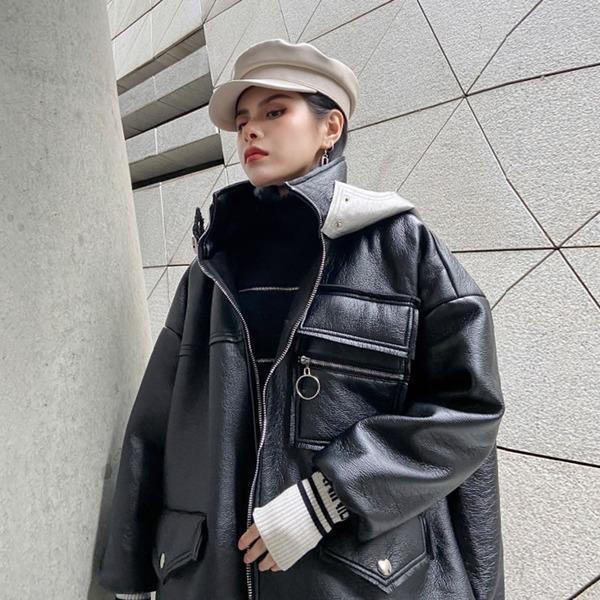 Winter Fashion New Black Contrast Color Hooded Collar Women Loose Short Coat - Omychic