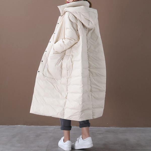 Women Beige Warm Winter Down Coats Hooded Pockets Wide-waisted Female Long Down Coats - Omychic