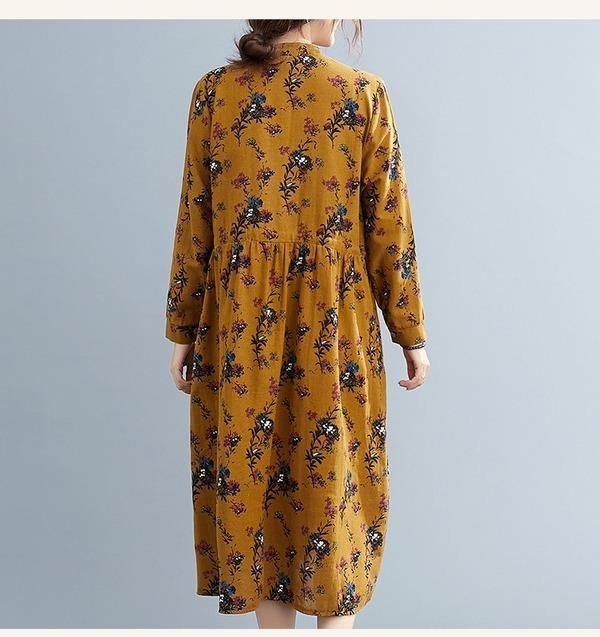 omychic plus size cotton linen vintage floral for women casual loose autumn dress - Omychic