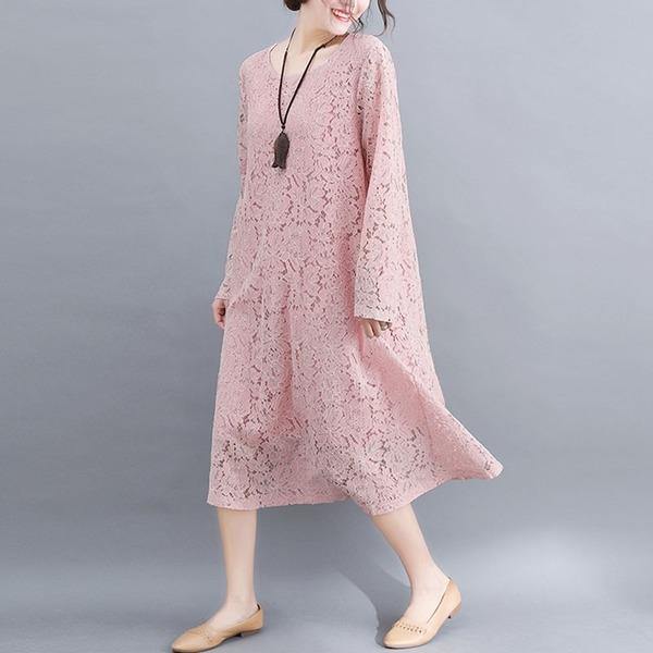 Plus Size Women Casual Lace Dress New 2020 Autumn Simple Style O-neck Solid Color Dresses - Omychic