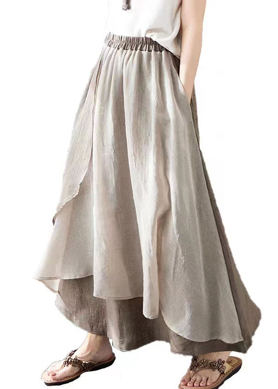 Vintage Khaki Pockets Asymmetrical Design Patchwork Linen Skirt
