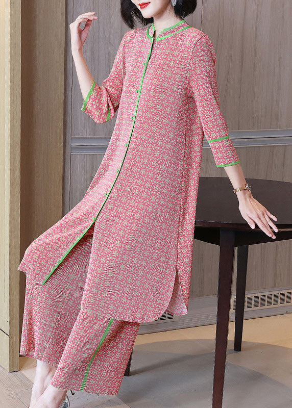 Plus Size Pink Stand Collar Print Silk Long Shirts And Wide Leg Pants Two-Piece Set