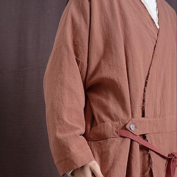 Vintage Trench Cotton Linen Coat Women 2020 Spring New Long Sleeve V-Neck Coat - Omychic
