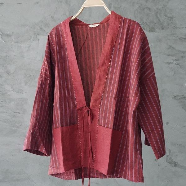 Retro Irregular Patchwork Stripe Lace Up V-neck Long Sleeve Cardigan Coat - Omychic
