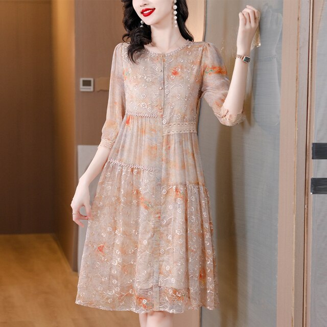 Vintage Floral Embroidery Mesh Dress