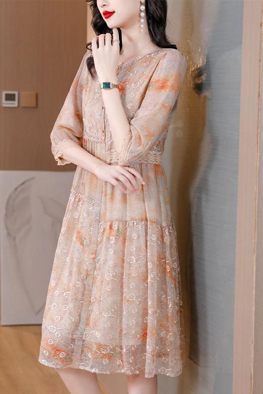 Vintage Floral Embroidery Mesh Dress