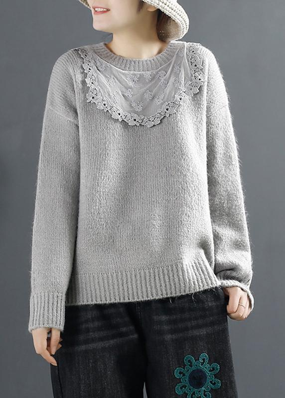 Aesthetic Gray Knit Tops Plus Size Clothing Lace Knit Tops - Omychic