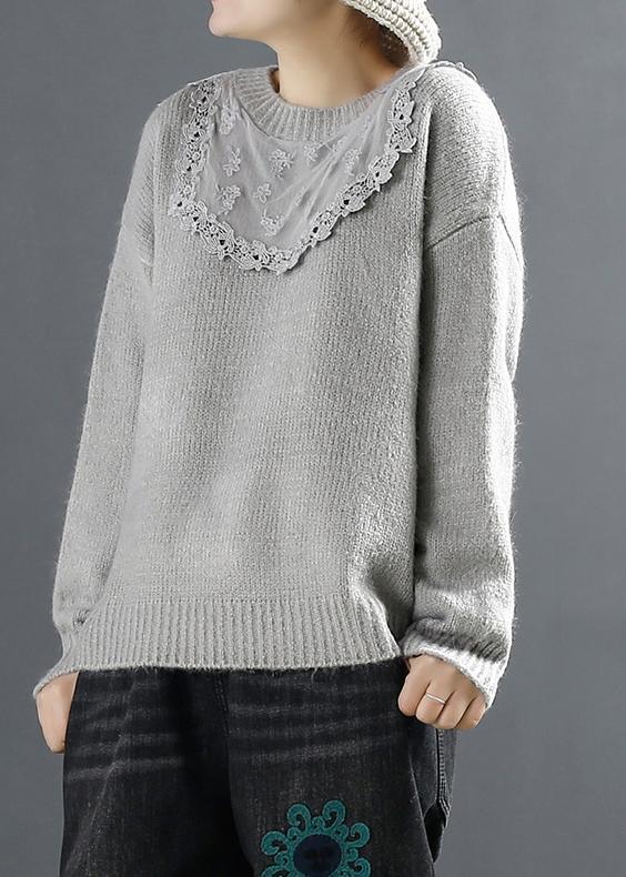Aesthetic Gray Knit Tops Plus Size Clothing Lace Knit Tops - Omychic