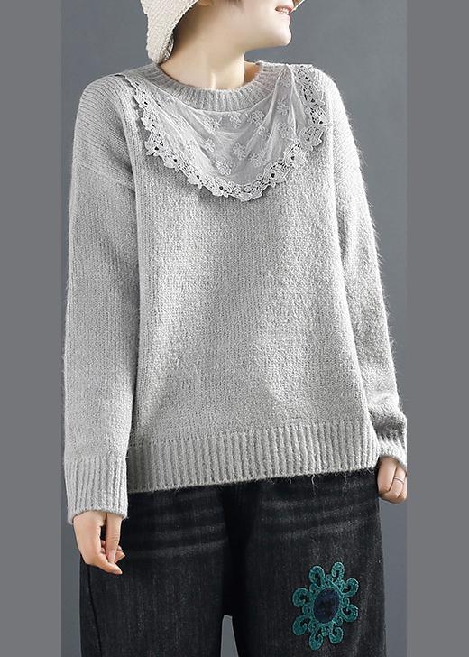 Aesthetic Gray Knit Tops Plus Size Clothing Lace Knit Tops - Omychic