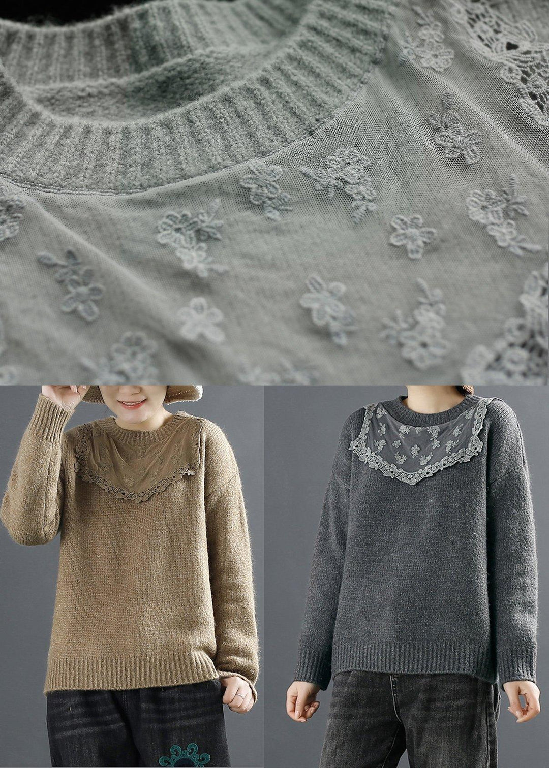 Aesthetic Gray Knit Tops Plus Size Clothing Lace Knit Tops - Omychic