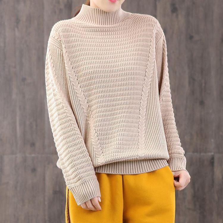 Aesthetic beige knitted clothes plus size clothing high neck sweaters long sleeve - Omychic