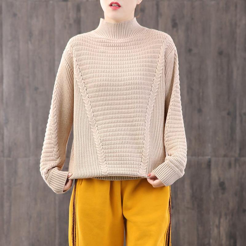 Aesthetic beige knitted clothes plus size clothing high neck sweaters long sleeve - Omychic