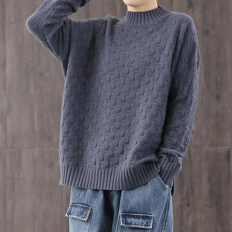 Aesthetic gray blue clothes For Women plus size knitted high neck tops - Omychic