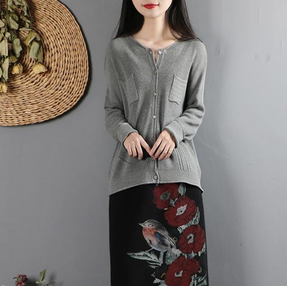 Aesthetic gray clothes trendy plus size o neck sweaters pockets - Omychic