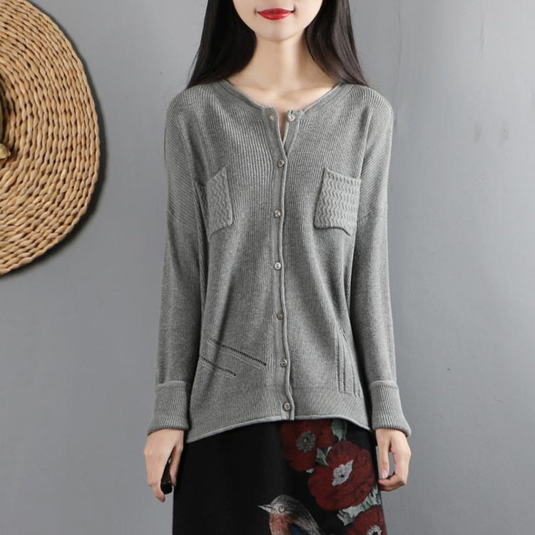 Aesthetic gray clothes trendy plus size o neck sweaters pockets - Omychic
