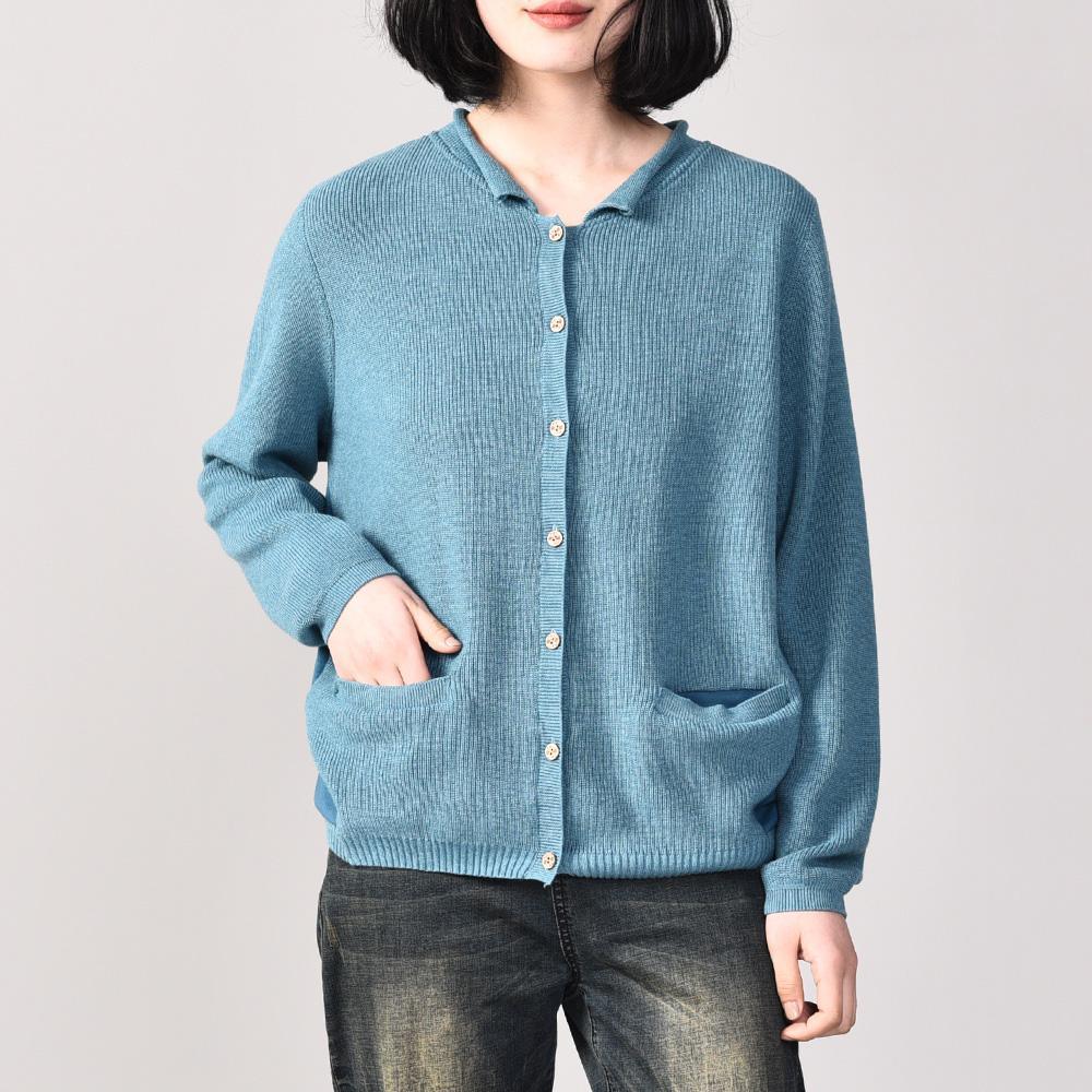 Aesthetic light blue knitted t shirt oversize single-one knit sweat tops v neck - Omychic